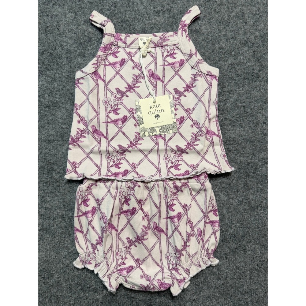 NWT Kate Quinn Tank and Bloomer Set 12-18m Purple Trellis Birds Lettuce Edge